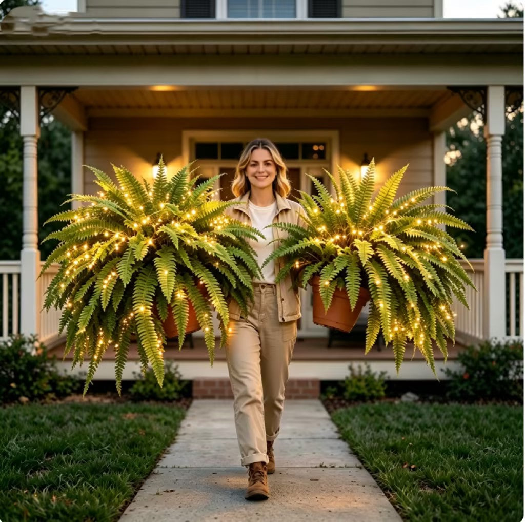 🍂 💛Light Up Your Fall Porch - Glowing Boston Ferns with Lights – 🌿 Zero Watering, Zero Maintenance