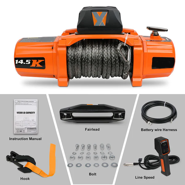 12V Electric Recovery Winch 14,500 LBS with Synthetic Rope for SUV, Jeep, Truck & 4WD