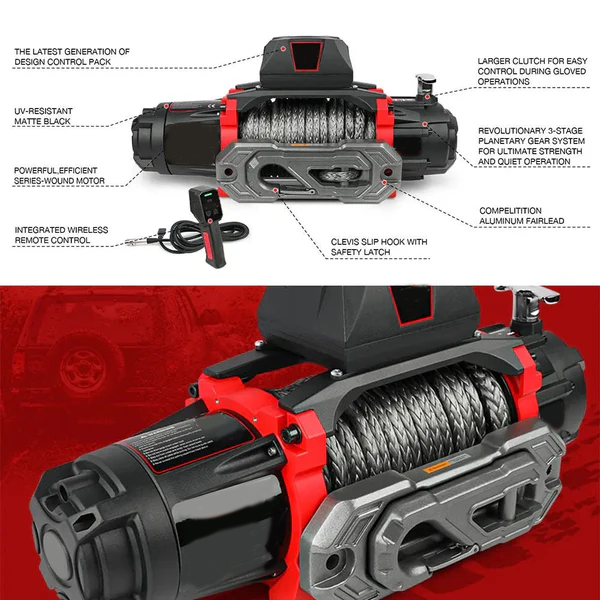 12V Electric Winch 13,500 LBS with Synthetic Rope & 2-in-1 Wireless Remote for Off-Road, Towing, and Trucks