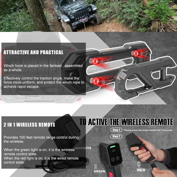 12V Electric Winch 13,500 LBS with Synthetic Rope & 2-in-1 Wireless Remote for Off-Road, Towing, and Trucks