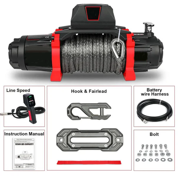 12V Electric Winch 13,500 LBS with Synthetic Rope & 2-in-1 Wireless Remote for Off-Road, Towing, and Trucks