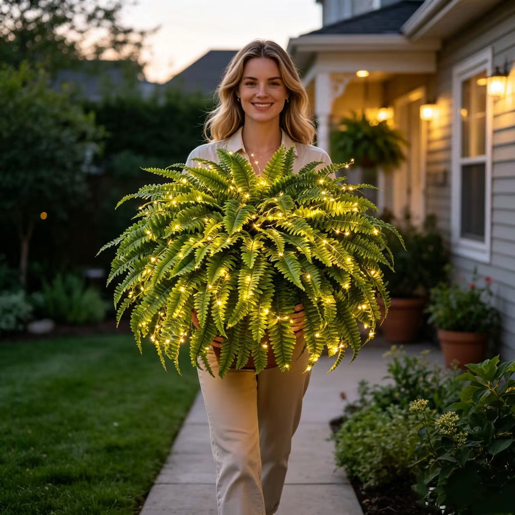 🍂 💛Light Up Your Fall Porch - Glowing Boston Ferns with Lights – 🌿 Zero Watering, Zero Maintenance