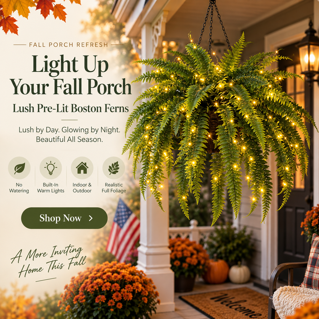 🍂 💛Light Up Your Fall Porch - Glowing Boston Ferns with Lights – 🌿 Zero Watering, Zero Maintenance