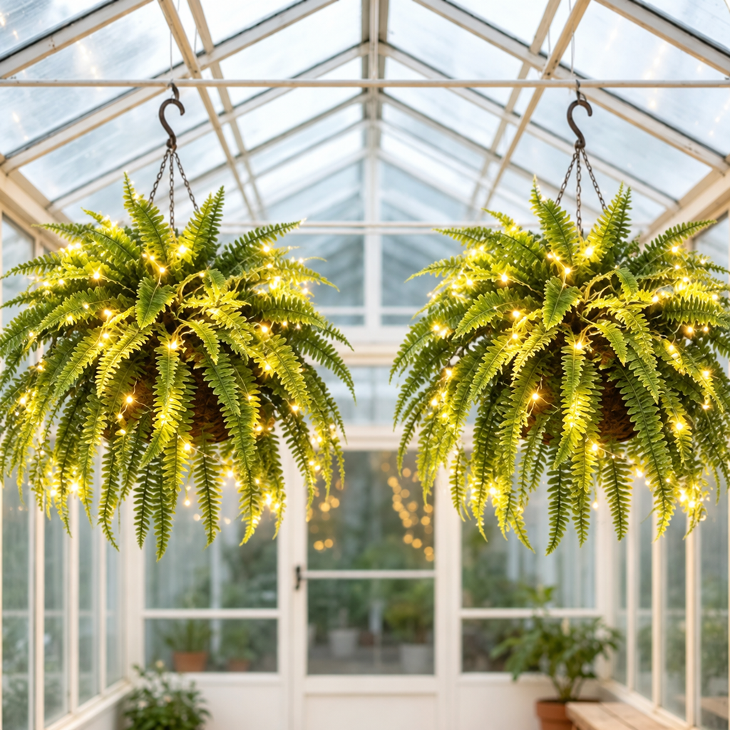 🍂 💛Light Up Your Fall Porch - Glowing Boston Ferns with Lights – 🌿 Zero Watering, Zero Maintenance