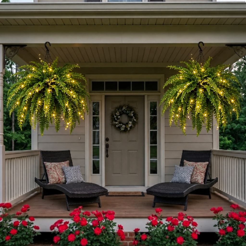 🍂 💛Light Up Your Fall Porch - Glowing Boston Ferns with Lights – 🌿 Zero Watering, Zero Maintenance