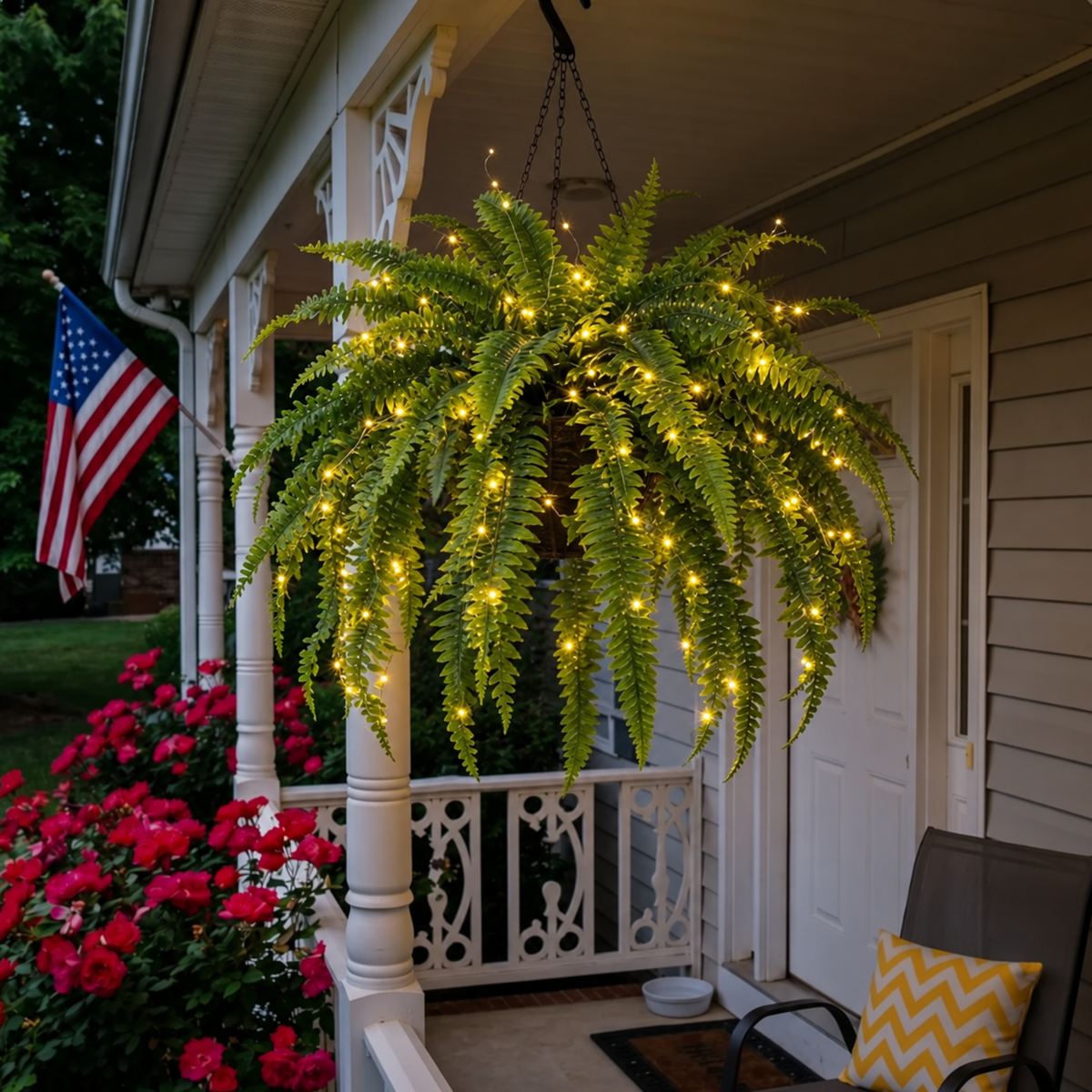 🍂 💛Light Up Your Fall Porch - Glowing Boston Ferns with Lights – 🌿 Zero Watering, Zero Maintenance