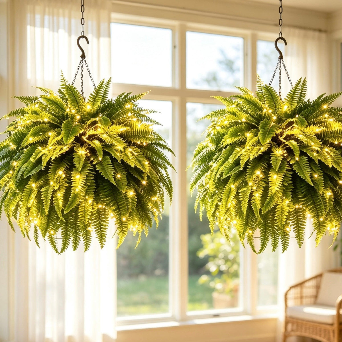 🍂 💛Light Up Your Fall Porch - Glowing Boston Ferns with Lights – 🌿 Zero Watering, Zero Maintenance