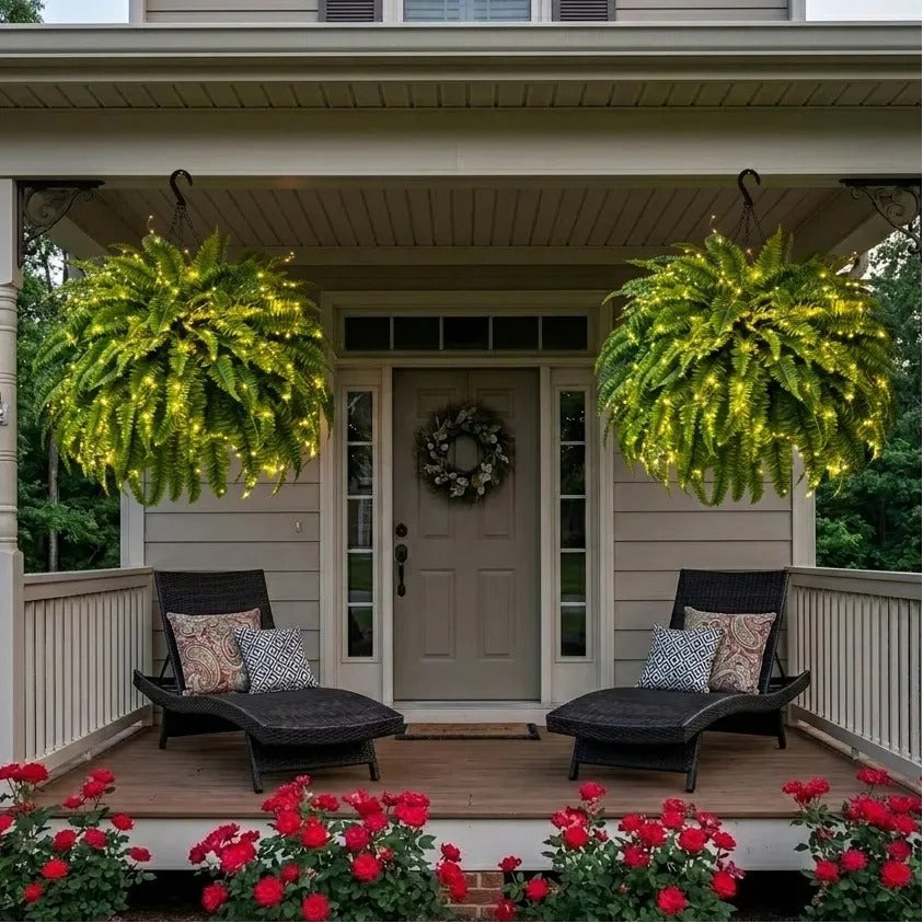 🍂 💛Light Up Your Fall Porch - Glowing Boston Ferns with Lights – 🌿 Zero Watering, Zero Maintenance